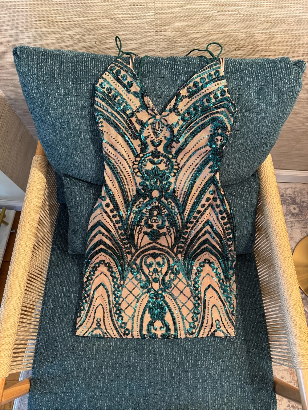 Teal Embellished V-Neck Sequin Dress